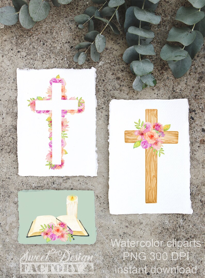 May include: Three watercolor illustrations of a cross with pink and peach flowers. The first cross is white with flowers around the edges. The second cross is brown with flowers on the top. The third image is a closed book with a candle and flowers.