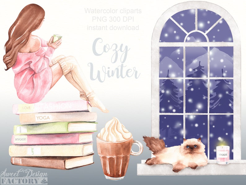 Winter sublimation png, winter watercolor clipart, winter girl png, hygge png, winter sublimation design, cold weather png, cozy winter png. imagem 2