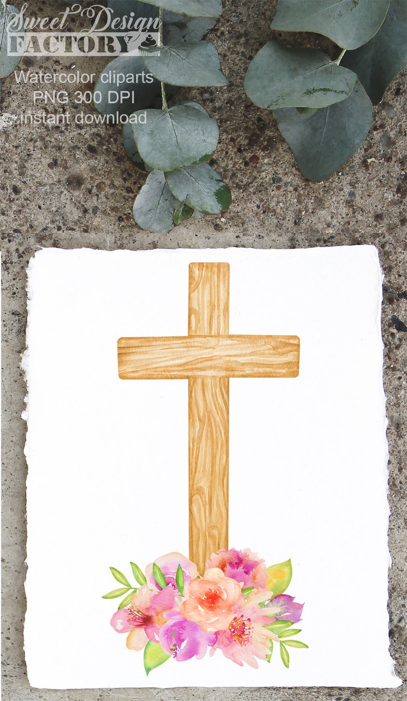 May include: A watercolor illustration of a wooden cross with pink and peach flowers at the base. The cross is a light brown color and has a wood grain texture. The flowers are arranged in a cluster and have green leaves.