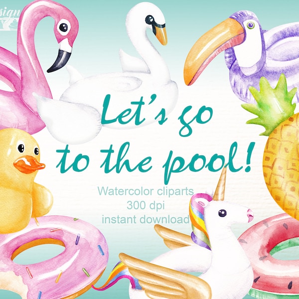 Float watercolor clipart, pool inflatable clipart, summer clipart, unicorn float, beach graphics, pool party invitation clipart