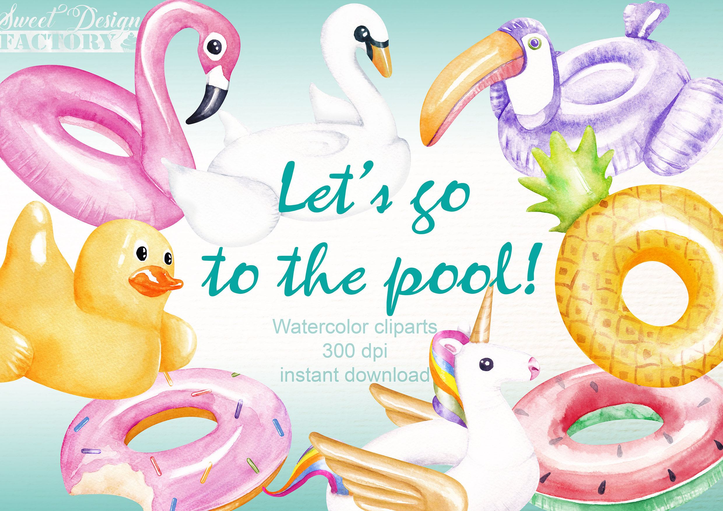 Float watercolor clipart, pool inflatable clipart, summer clipart, unicorn float, beach graphics, pool party invitation clipart