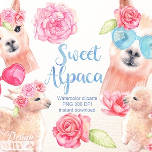 aquarelle lama clipart, clipart animal mignon, aquarelle alpaga, bébé animal clipart , clipart floral, clipart lunettes image 1