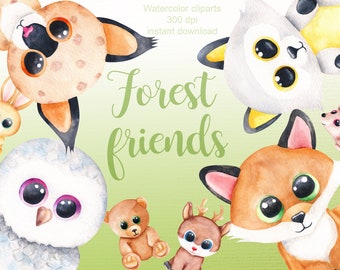 Forest animal watercolor clipart, baby animal clipart, watercolor woodland clipart, fox clipart, watercolor owl, baby shower, birthday