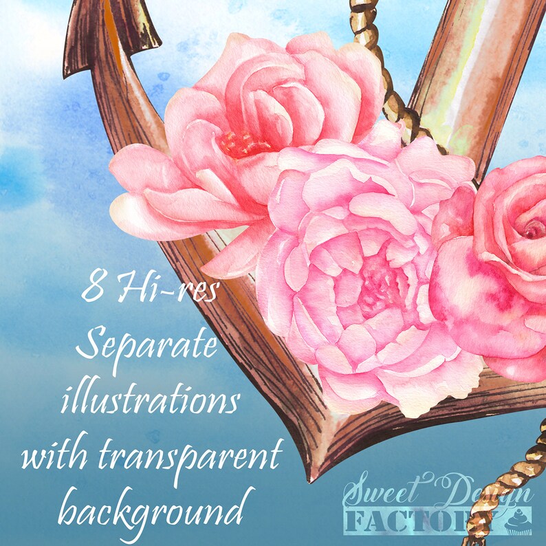 Peut inclure: Illustration aquarelle d'un bouquet de roses roses avec une ancre et une corde. Le texte "8 illustrations distinctes haute r&eacute;solution avec fond transparent" et "Sweet Design Factor" sont visibles sur l'image.