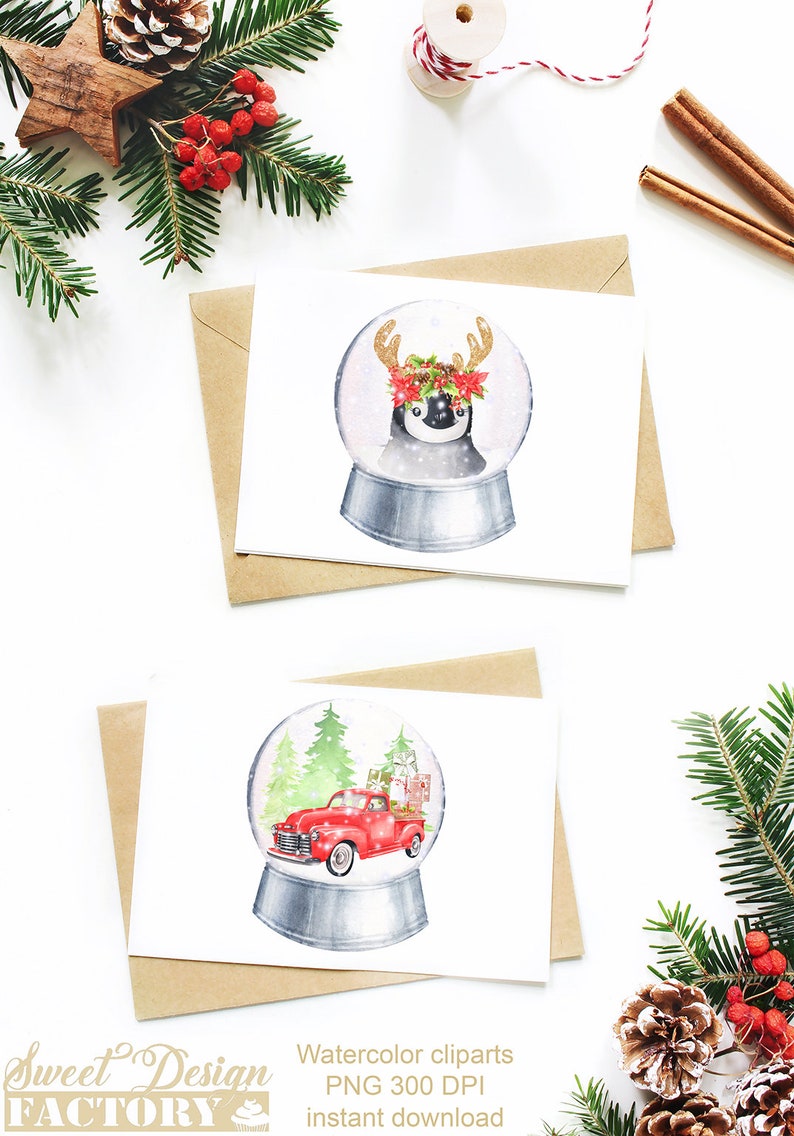 Akvarell snöglob clipart, jul clipart, vinter clipart, pingvin, lama, akvarell djur, sött djur, akvarell jul bild 4