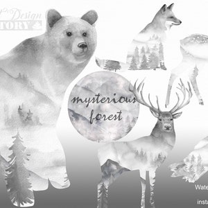 Clipart d'animaux de la forêt à l'aquarelle, arbre clipart, ours clipart, lune clipart, automne clipart, hibou clipart, renard clipart