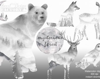 Watercolor forest tree clipart, forest png, pine trees png, animal clipart, fall watercolor clipart, woodland clipart, camping sublimation