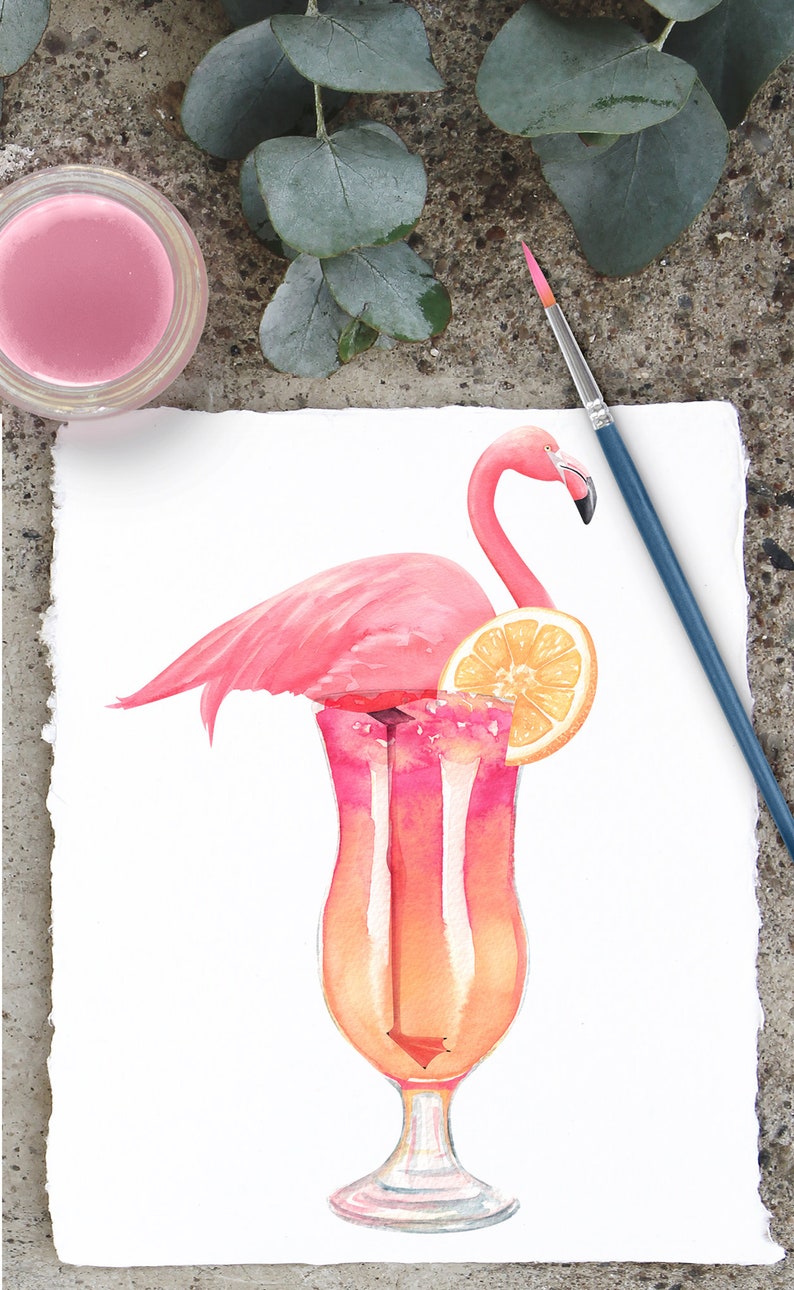 May include: A pink flamingo with a slice of orange perched on top of a tall glass filled with a pink and orange layered drink.