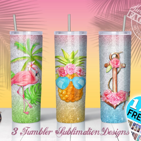 Sublimation de gobelet plage été 20oz, design gobelet ananas, design gobelet flamant rose, Sublimation de gobelet été png, palmiers gobelet