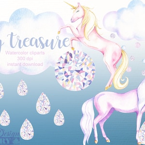 Clipart de  licorne à l'aquarelle, clipart nuage,  cristal clipart, nuage aquarelle, bijoux clipart ,diamant clip art, anniversaire clipart
