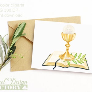 May include: Watercolor illustration of a golden chalice with a white host on top, resting on an open book with a green olive branch. The book has a black ribbon bookmark.