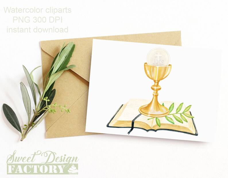 May include: Watercolor illustration of a golden chalice with a white host on top, resting on an open book with a green olive branch. The book has a black ribbon bookmark.