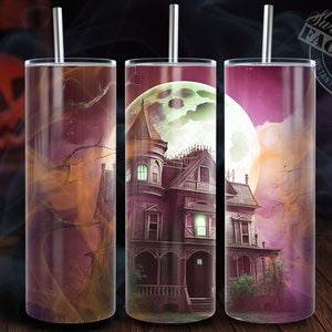 Puede incluir: Tres dise&ntilde;os de sublimaci&oacute;n para un vaso con una casa antigua y espeluznante con una luna llena en el fondo. La casa es oscura y misteriosa con ventanas brillantes. Los dise&ntilde;os son perfectos para Halloween.
