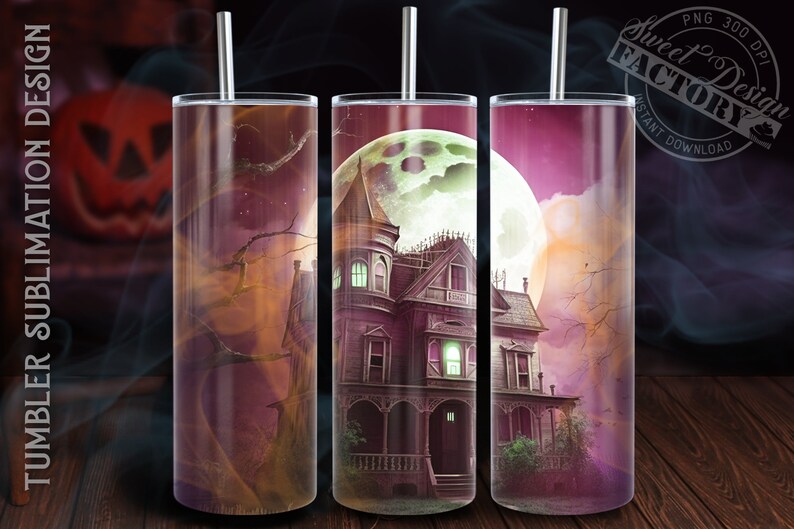 Puede incluir: Tres dise&ntilde;os de sublimaci&oacute;n para un vaso con una casa antigua y espeluznante con una luna llena en el fondo. La casa es oscura y misteriosa con ventanas brillantes. Los dise&ntilde;os son perfectos para Halloween.