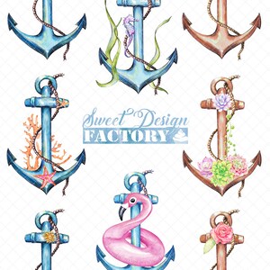 Peut inclure: Ensemble de neuf illustrations d'ancres &agrave; l'aquarelle avec divers d&eacute;tails estivaux. Les ancres sont bleues, brunes et bleu clair avec des d&eacute;tails comme des hippocampes, des coraux, des succulentes, des fleurs et un flotteur de flamant rose.