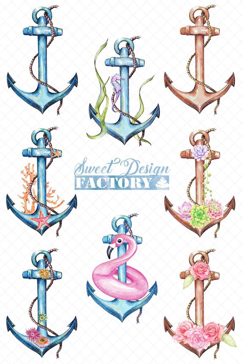 Peut inclure: Ensemble de neuf illustrations d'ancres &agrave; l'aquarelle avec divers d&eacute;tails estivaux. Les ancres sont bleues, brunes et bleu clair avec des d&eacute;tails comme des hippocampes, des coraux, des succulentes, des fleurs et un flotteur de flamant rose.