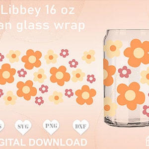 Retro floral LIBBEY GLASS SVG, vintage Beer Can Glass Svg, Libbey Glass Can Wrap Svg ,16 oz Beer Can Glass Wrap, groovy Libbey Glass Svg