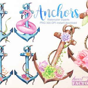 Peut inclure: Ensemble de quatre illustrations d'ancres &agrave; l'aquarelle. Chaque ancre est d&eacute;cor&eacute;e de diff&eacute;rents &eacute;l&eacute;ments nautiques, dont un flamant rose, un hippocampe, du corail et des succulentes. Les ancres sont en bleu, marron et rose.