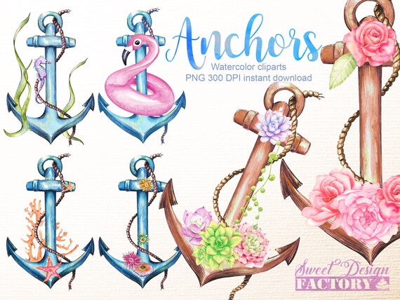 Clipart ancre marine à l'aquarelle, ancre et fleurs  clipart,  aquarelle succulente, marine clipart, tatoo clipart, clipart nautique, mer