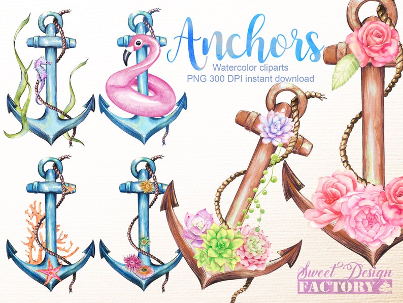 Peut inclure: Ensemble de quatre illustrations d'ancres &agrave; l'aquarelle. Chaque ancre est d&eacute;cor&eacute;e de diff&eacute;rents &eacute;l&eacute;ments nautiques, dont un flamant rose, un hippocampe, du corail et des succulentes. Les ancres sont en bleu, marron et rose.