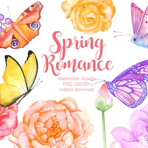 Clipart papillon et fleur à l'aquarelle, fleur aquarelle clipart, mariage clipart, printemps clipart, invitation de mariage, clipart floral