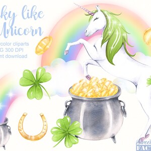 Clipart licorne aquarelle, clipart Saint Patrick, licorne St patrick, clipart de chance, trèfle clipart, licorne arc en ciel, design magic