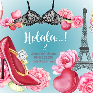 Imágenes prediseñadas de San Valentín de acuarela, imágenes prediseñadas de amor, imágenes prediseñadas de París, torre eiffel, imágenes prediseñadas de boda, macaron de acuarela, anillo de compromiso