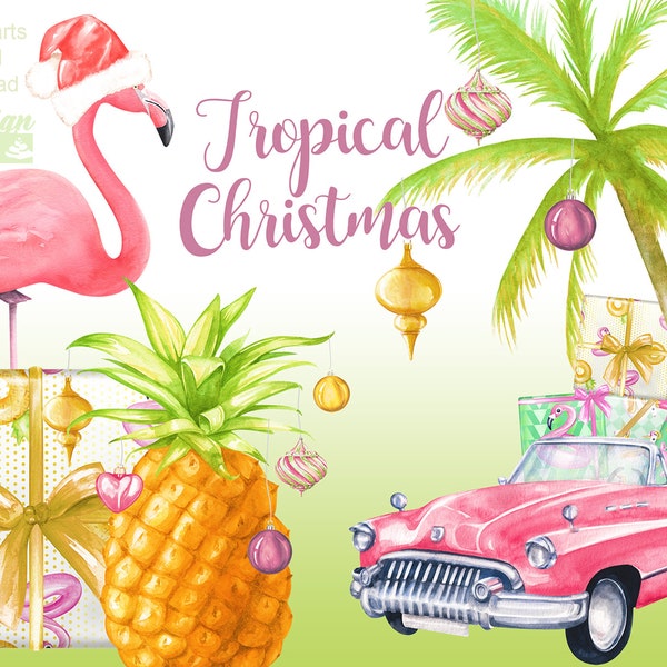 Noël tropical clipart, clipart de plage de Noël aquarelle, vacances clipart, flamant rose, palmiers, ananas, tropical père noel, noel fun