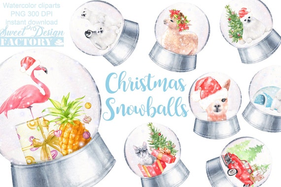 Clipart de boules à neige à l'aquarelle, clipart de noel, hiver clipart, pingouin, lama, animal aquarelle, animal mignon, noel aquarelle