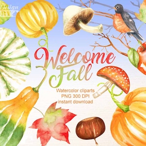 Clipart d'automne à l'aquarelle, action de grace clipart,citrouille clipart, citrouille aquarelle, récolte de légumes, automne aquarelle