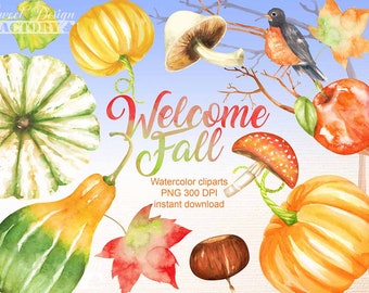 watercolor fall PNG, Harvest watercolor clip art, pumpkin PNG, thansgiving clipart, fall clipart, autumn PNG, watercolor clipart