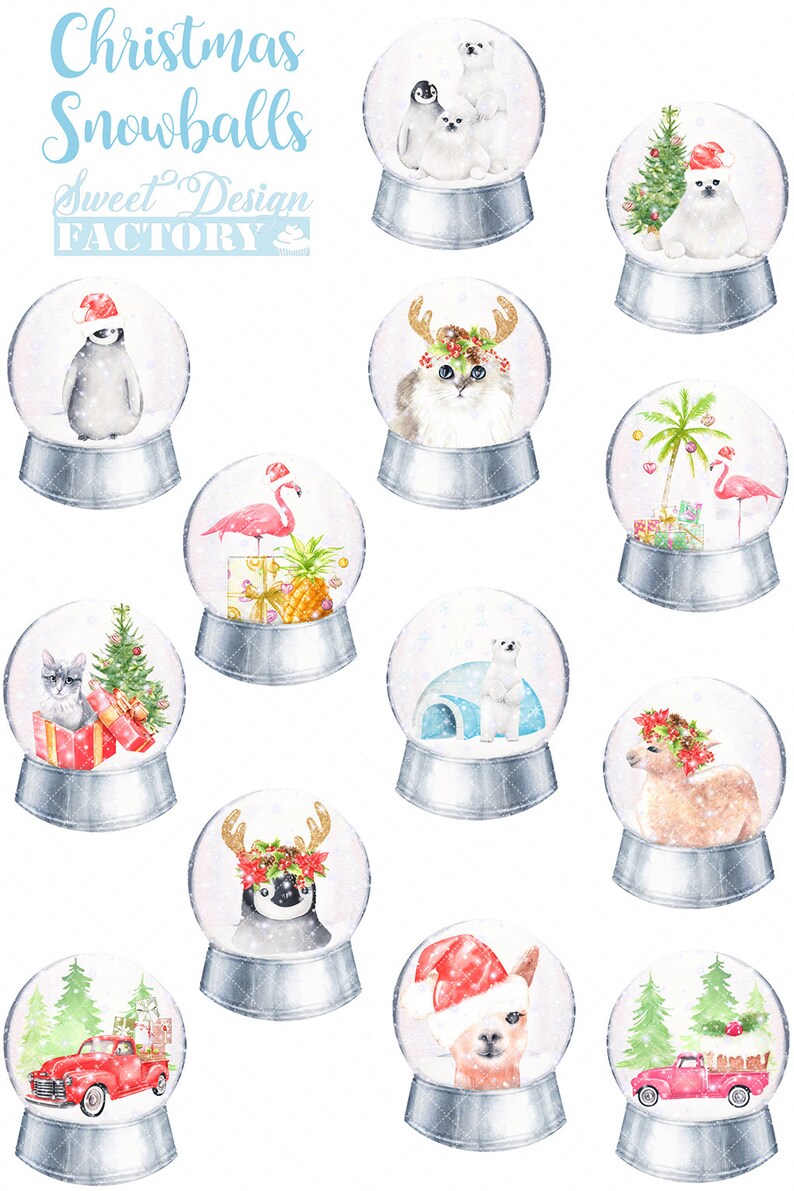 Akvarell snöglob clipart, jul clipart, vinter clipart, pingvin, lama, akvarell djur, sött djur, akvarell jul bild 2