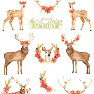 Reindeer sublimation png, Reindeer watercolor clipart, traditional christmas clipart, woodland png, christmas wreath png, flower wreath png imagem 3