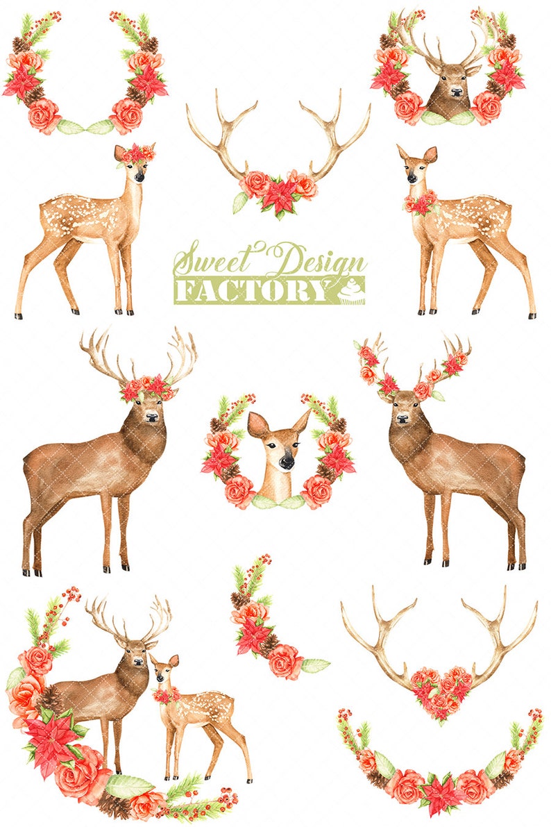 Reindeer sublimation png, Reindeer watercolor clipart, traditional christmas clipart, woodland png, christmas wreath png, flower wreath png imagem 3