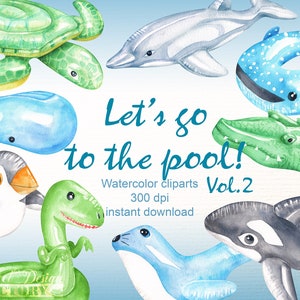 bouée clipart/ piscine clipart/ mer clipart / été clipart/ baleine aquarelle/ clipart de dinosaure/ plage clipart/ invitation garçon clipart