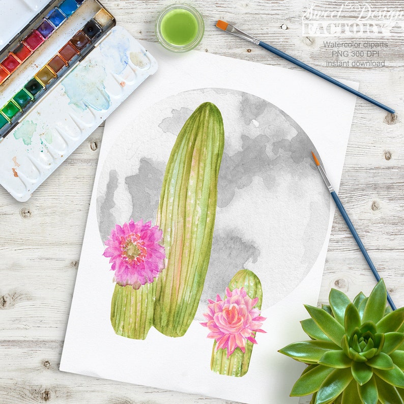 Cactus watercolor clipart, boho clipart, moon clipart, native clipart, watercolor moon, totem illustration, mystic clipart, nature clip art image 2