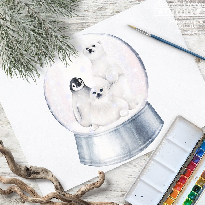 Akvarell snöglob clipart, jul clipart, vinter clipart, pingvin, lama, akvarell djur, sött djur, akvarell jul bild 5