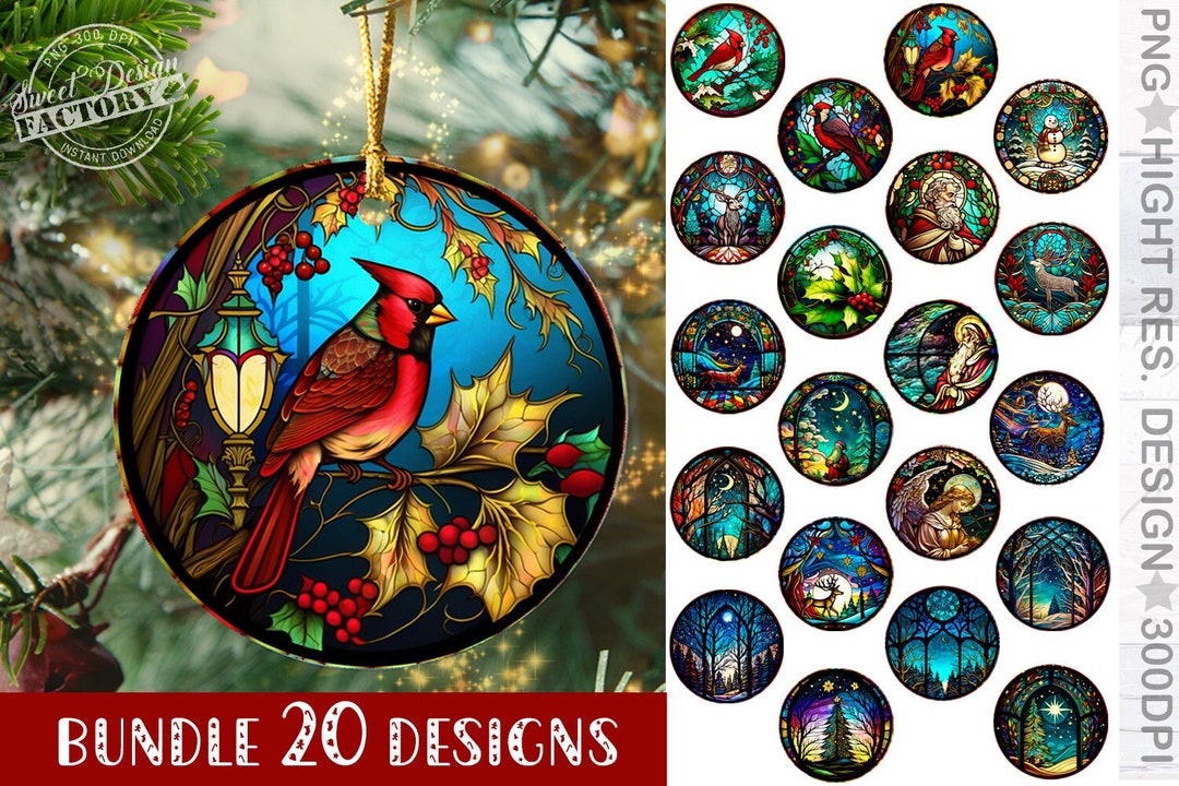 Stained Glass Christmas Ornaments Bundle, Christmas Round Ornament Png
