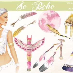 Clipart boho/ clip art aquarelle/ lune clipart/ plumes clipart/ totem clipart/ clipart amérindienne/ loup clipart/ animaux clip art