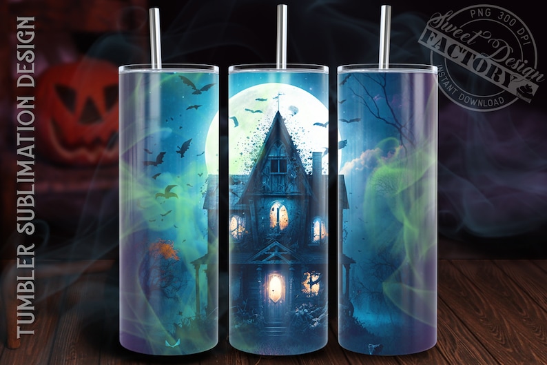 Puede incluir: Tres dise&ntilde;os de sublimaci&oacute;n que presentan una casa encantada espeluznante con luna llena, murci&eacute;lagos y una figura fantasmal. Los dise&ntilde;os son perfectos para crear vasos personalizados para Halloween.