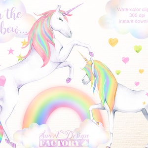 Clipart licorne aquarelle, clipart arc en ciel, clipart nuage, licorne arc en ciel, clipart coeur, anniversaire fille, naissance invitation
