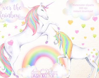 Unicorn watercolor clipart, rainbow party clipart, rainbow unicorn, cloud clipart, birthday girl invitation, watercolor heart