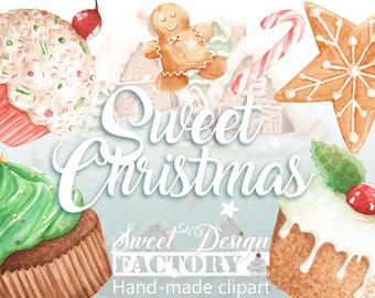 Hand painted Christmas cake, Christmas Dessert, Christmas Cookie Clipart , Watercolor Christmas Sweets, Christmas cupcakes, holiday treats