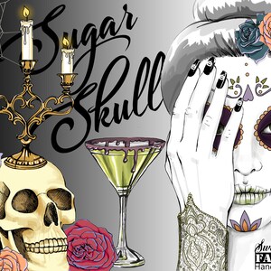 halloween clipart, sugar skull png, day of the dead png, gothic sublimation, skull and flowers clipart, witch clipart, cinco de mayo