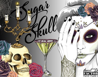 ハロウィーンのシュガー スカル クリップアート、死者の日のクリップアート、ゴシック クリップアート、スカル クリップアート、ホラー クリップアート、魔女、シンコ デ マヨ