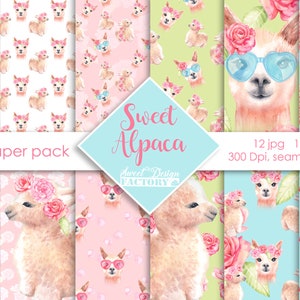 Papier numérique de lamas à l'aquarelle, lamas et fleurs papier digital, motifs sans coutures lama, papier digital alpaca, tissus enfant