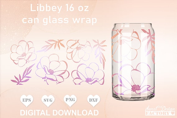 Libbey Can Glass Full Wrap Flower 16oz Libbey Glass Can png