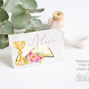 May include: A watercolor illustration of a chalice, a book, and flowers. The name "Alice" is written in cursive above the image. The image is on a white background.
