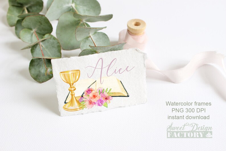 May include: A watercolor illustration of a chalice, a book, and flowers. The name "Alice" is written in cursive above the image. The image is on a white background.