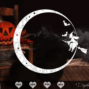 May include: White silhouette of a witch flying on a broomstick in a crescent moon frame. The witch is wearing a pointed hat and a long dress. The moon frame has stars and a pumpkin in the background.